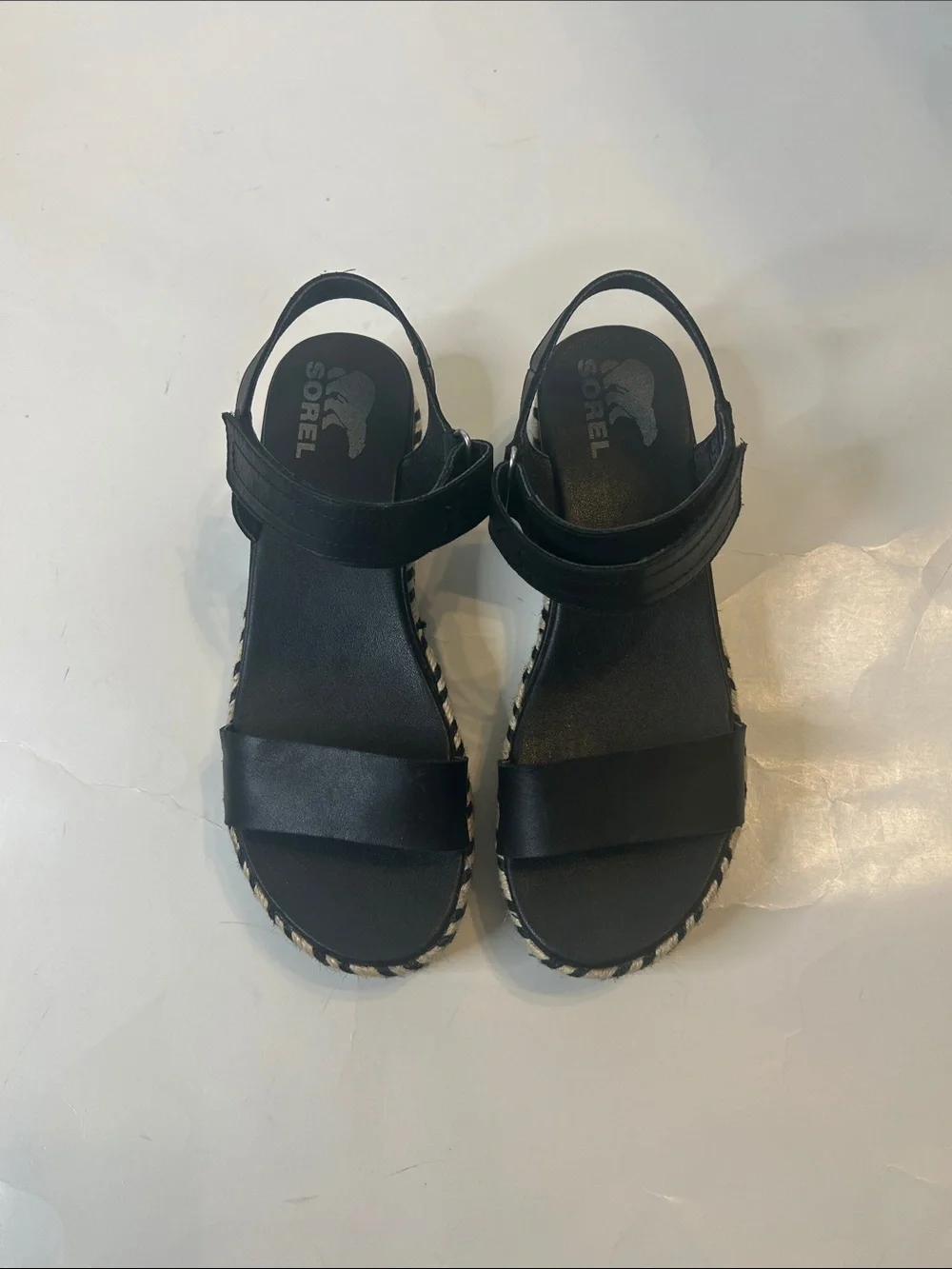 Sorel, Black Platform Espadrille Sandals with Ankle Strap